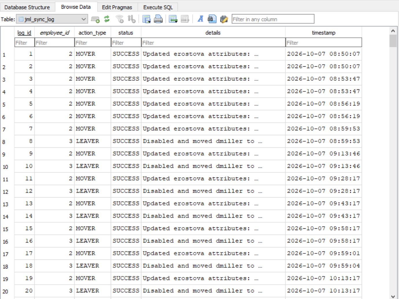 DB Browser for SQLite showing jml_sync_log table on APP1